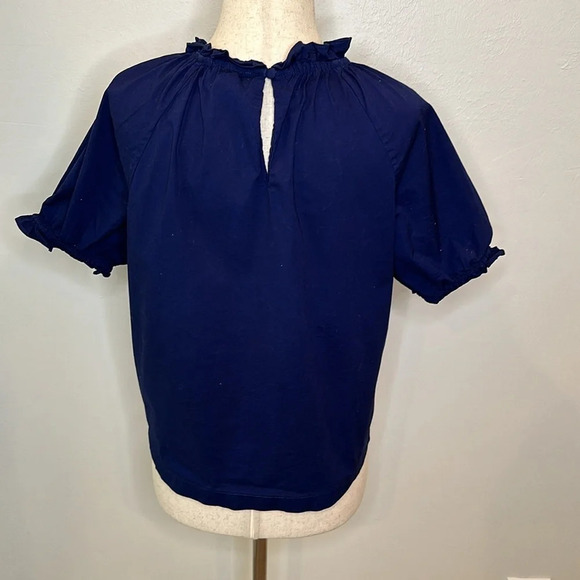 HILL HOUSE KIT COTTON STRETCH BLOUSE NAVY BLUE WITH RUFFLE DETAILS - Picture 5 of 8